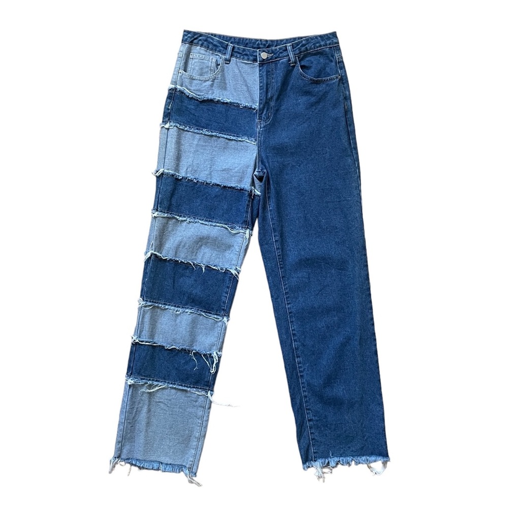 Mid Wash Denim High Waist Wide Leg Patchwork Leg Jeans Large Size 12